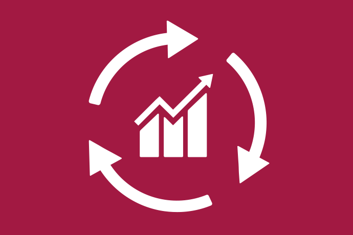 Vinröd bakgrund vita illustrationer, en tillväxtkurva ovanpå ett stapeldiagram. Runtom tre pilar som bildar en cirkel.