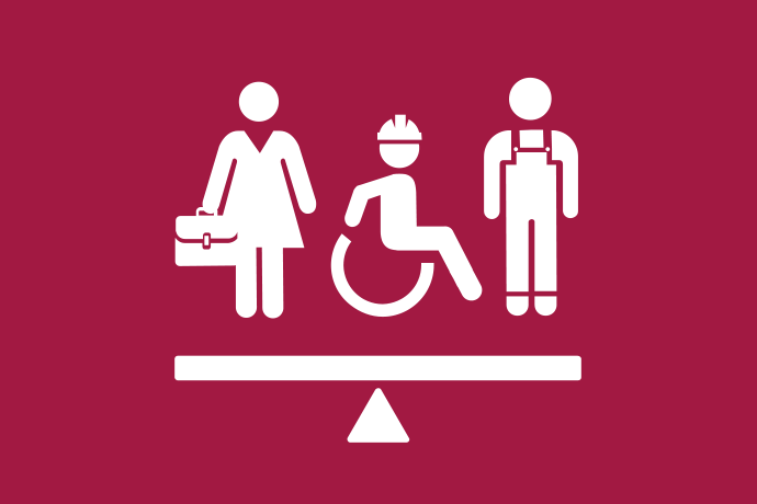 Vinröd bakgrund vita illustrationer, tre personer från olika yrken bredvid varandra på en gungbräda i balans, två står och en sitter i rullstol.