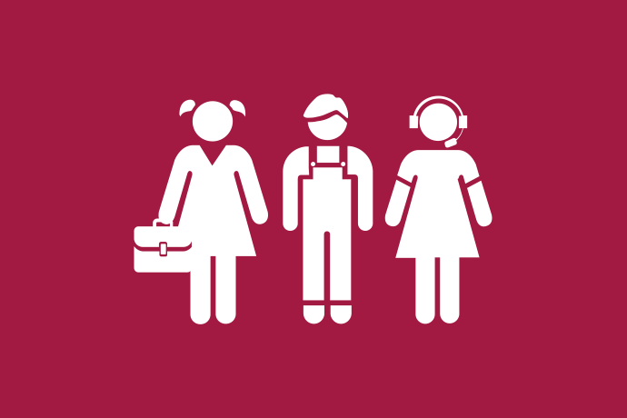 Vinröd bakgrund vita illustrationer, tre ungdomar står bredvid varandra.