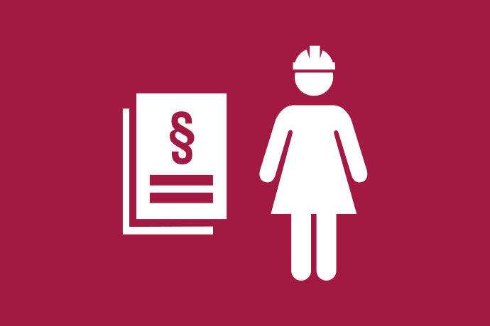 Vinröd bakgrund vita illustrationer, till vänster ett bokomslag med en paragraf ovanpå ett likhetstecken. Till höger en person med bygghjälm på huvudet.