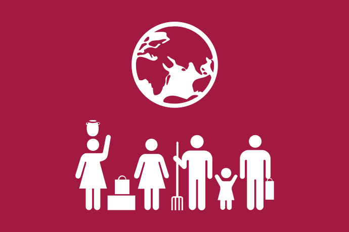 Vinröd bakgrund vita illustrationer, överst en jordglob. Underst fem personer i olika åldrar, några är turister, några lever av turism.