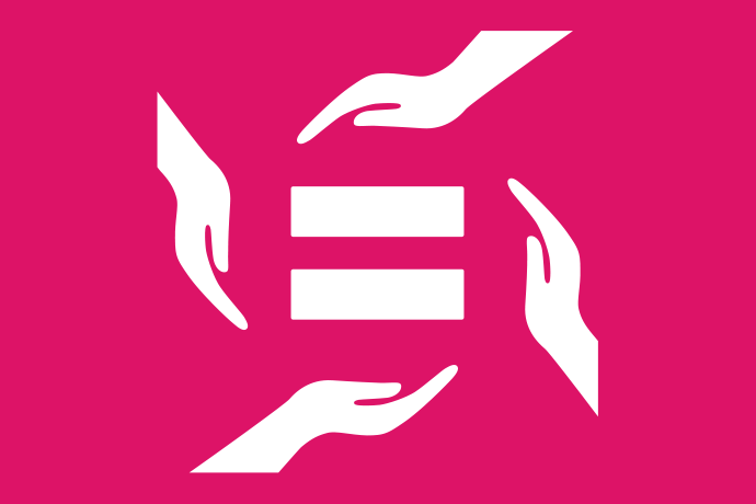 Rosa bakgrund vita illustrationer, ett likhetstecken omgivet av fyra öppna händer.