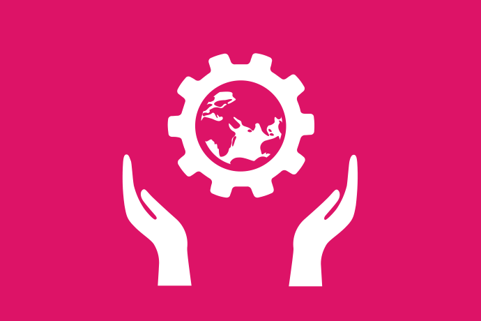 Rosa bakgrund vita illustrationer, överst ett kugghjul med en jordglob i. Under kugghjulet två öppna händer.