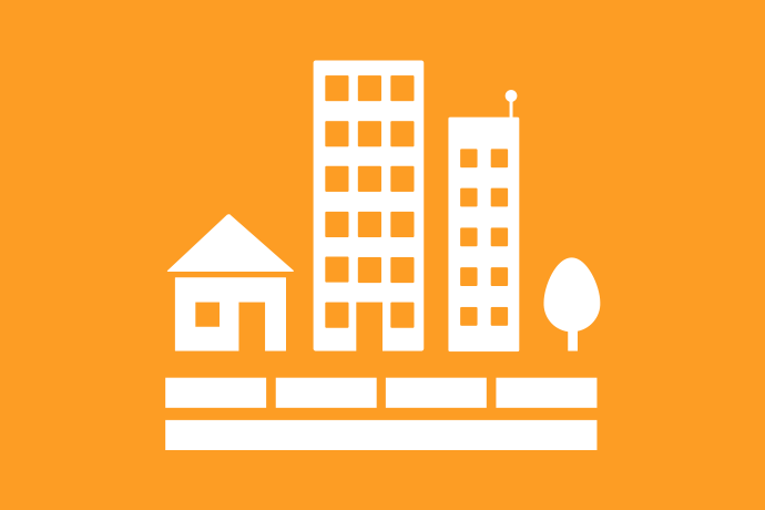 Gyllengul bakgrund vita illustrationer, två flerfamiljshus, ett enfamiljshus och ett träd.