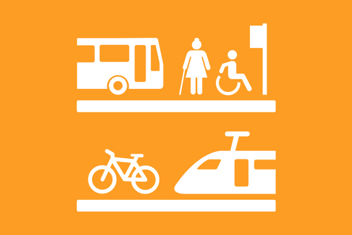 Gyllengul bakgrund vita illustrationer, en buss, en fotgängare med käpp, en rullstolsburen person, en cykel och ett tåg.