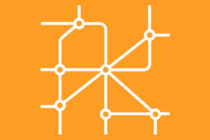 Gyllengul bakgrund vita illustrationer, ett oregelbundet linjenät med sju noder.