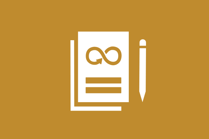 Mörkt senapsgul bakgrund vita illustrationer, en bok och en penna. På bokomslaget ett oändlighetstecken och ett likhetstecken.