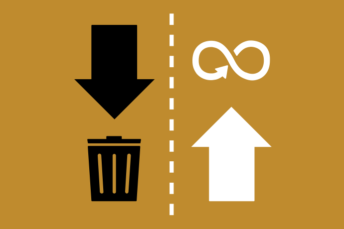 Mörkt senapsgul bakgrund vita och svarta illustrationer, till vänster pekar en svart pil ner mot en svart soptunna. Till höger pekar en vit pil upp mot ett oändlighetstecken. I mitten en vit streckad skiljelinje.