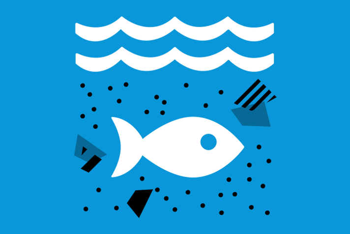 Ljusblå bakgrund vita och svarta illustrationer, en fisk simmar i förorenat vatten.