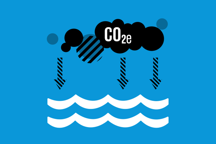 Ljusblå bakgrund vita och svarta illustrationer, en havsyta med mörka växthusgasmoln ovanför. Växthusgasmolnen rör sig mot vattenytan.