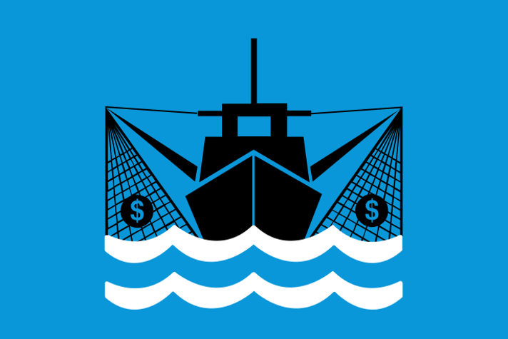 Ljusblå bakgrund vita och svarta illustrationer, en fiskebåt lyfter upp två nät med dollartecken i.