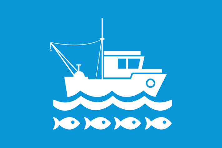 Ljusblå bakgrund vita illustrationer, ett fiskstim simmar under en fiskebåt.