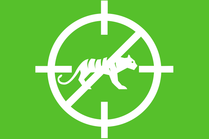 Limegrön bakgrund vita illustrationer, ett kikarsikte med ett diagonalt förbudsstreck. I kikarsiktet en tiger.