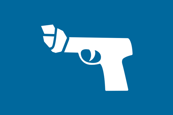 Blå bakgrund vita illustrationer, en pistol med knut på pipan.