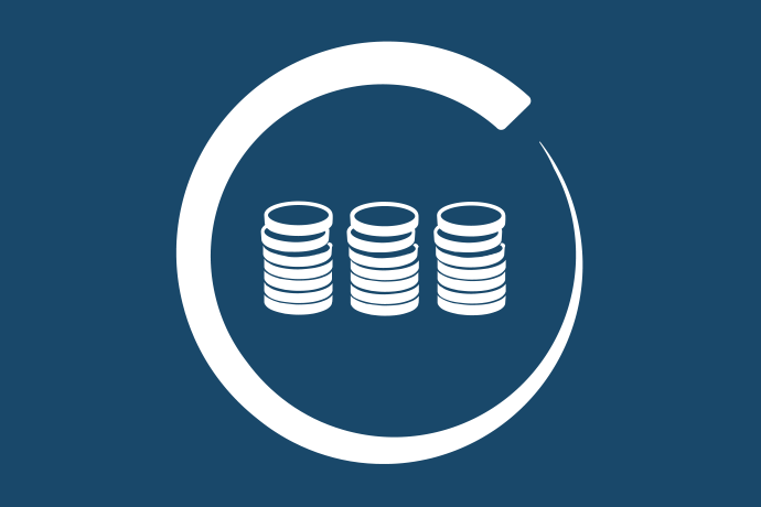 Marinblå bakgrund vita illustrationer, tre staplar mynt inuti en cirkel.