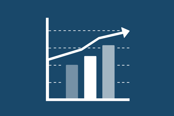 Marinblå bakgrund vita illustrationer, tre olika stora staplar bredvid varandra i ett diagram med en uppåtgående graf.