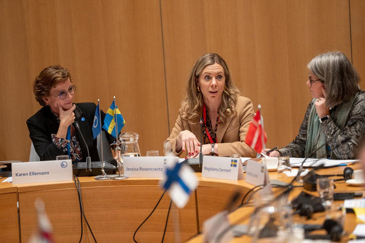 EU-ministern sitter tillsammans med representanter från Nordiska ministerrådet vid ett bord med flaggor och bordsskyltar.