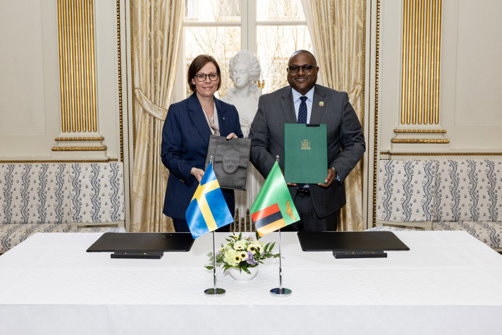 Maria Malmer Stenergard och Mulambo Haimbe skakar hand.