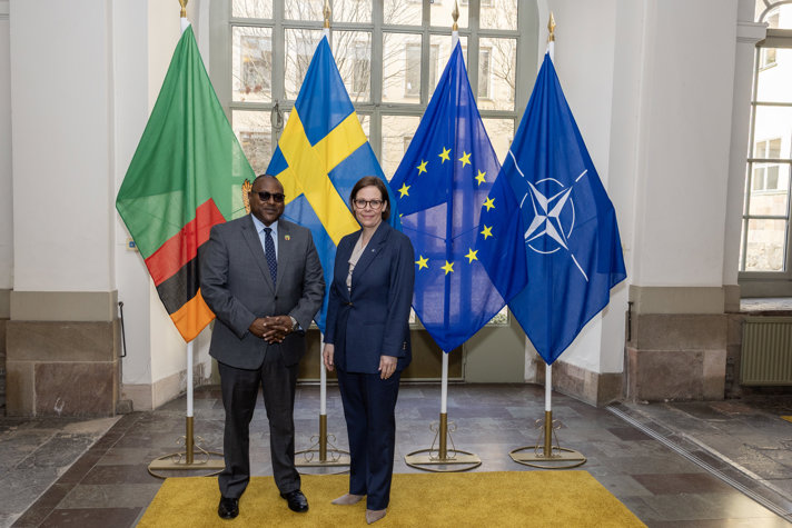 Maria Malmer Stenergard och Mulambo Haimbe står framför svensk flagga och zambisk flagga.