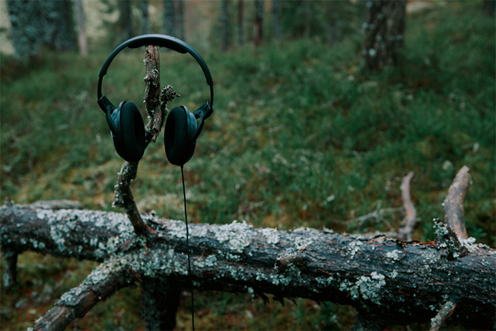 Hörlurar som hänger på en gren i en skog